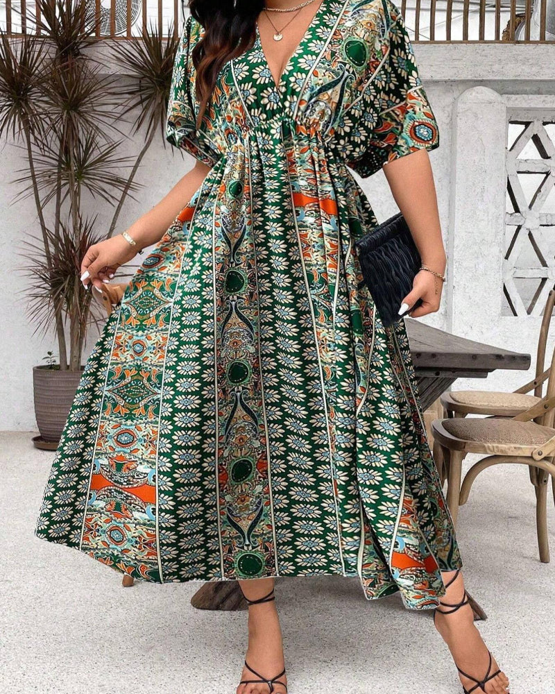 Flattering Plus-Size Boho Floral V-Neck A-Line Dress