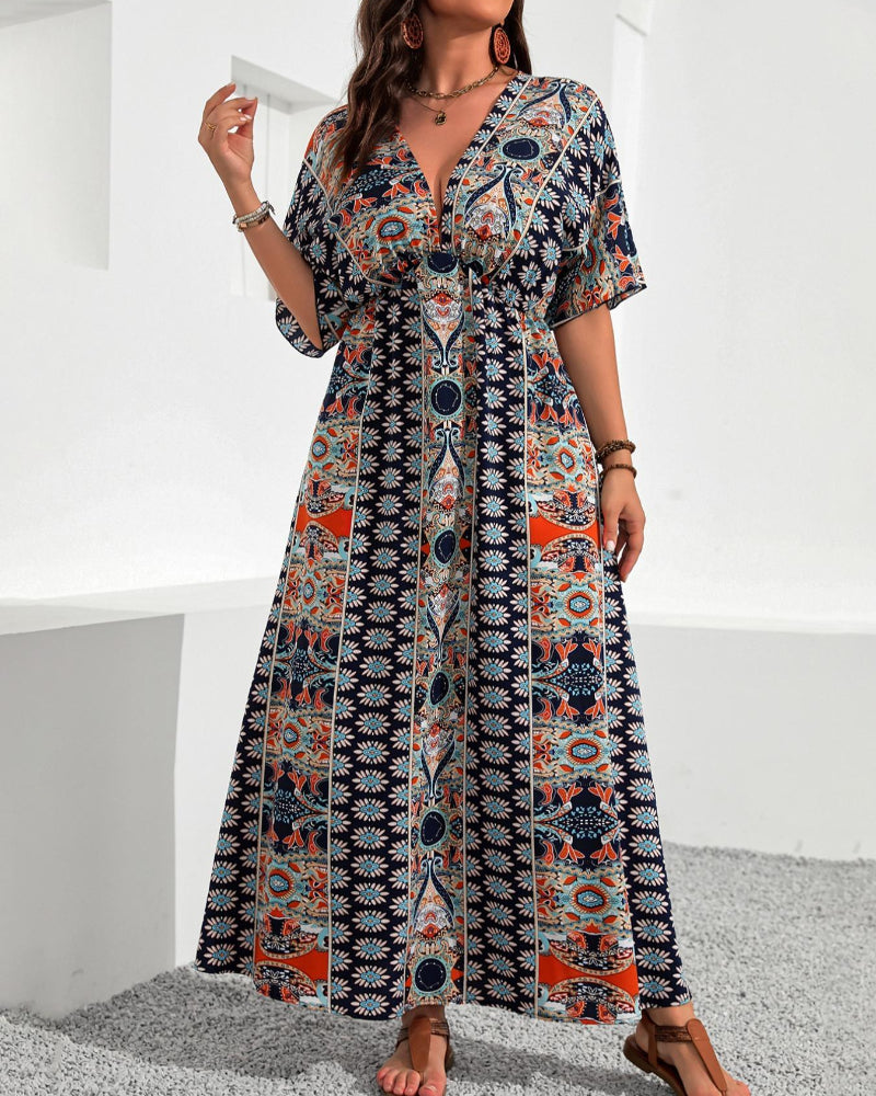 Flattering Plus-Size Boho Floral V-Neck A-Line Dress Main image