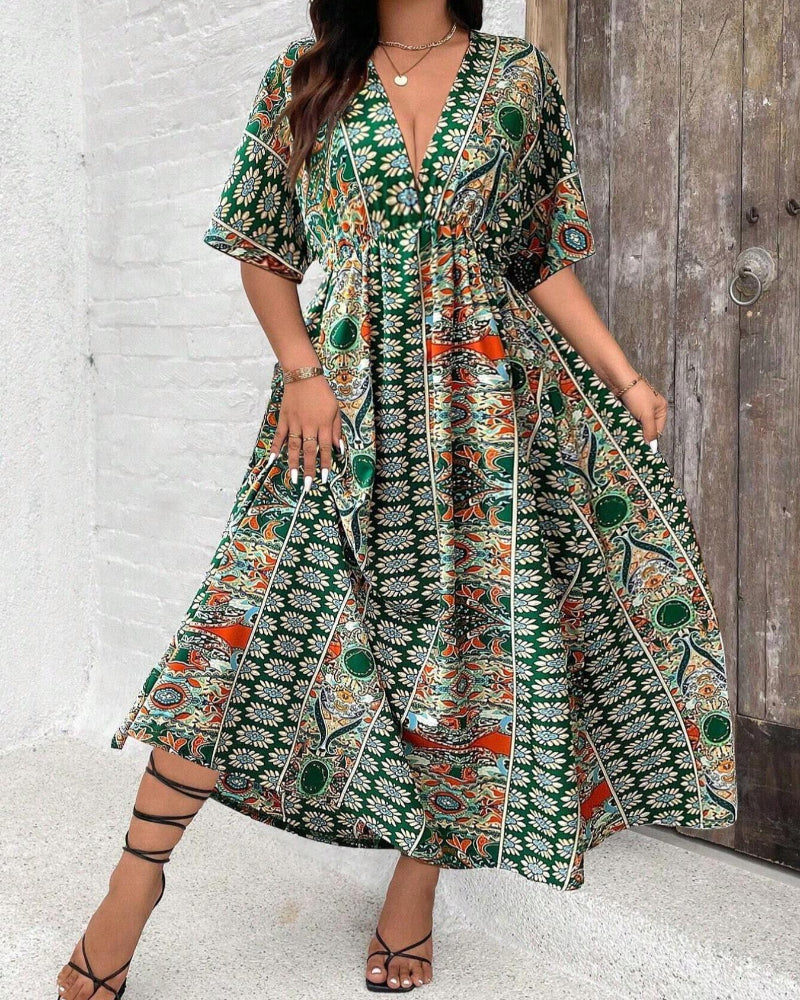 Flattering Plus-Size Boho Floral V-Neck A-Line Dress Secondary image
