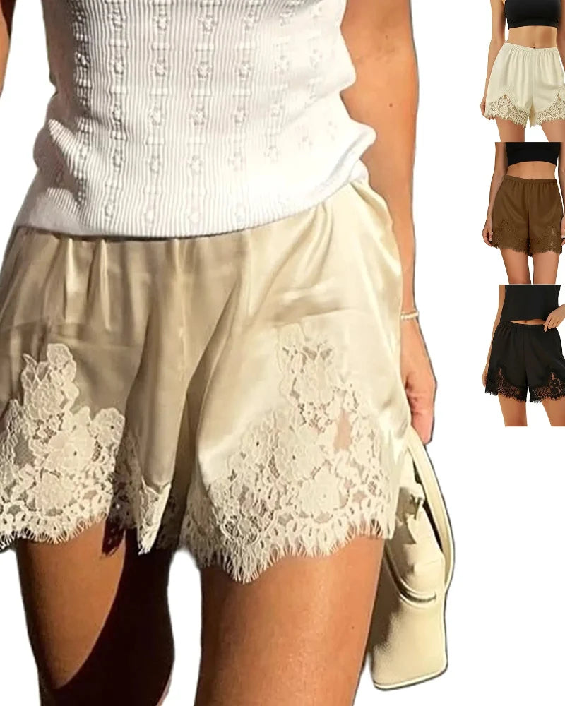 Women's Silky Satin Lounge Shorts with Lace Trim - Chic & Comfortable
