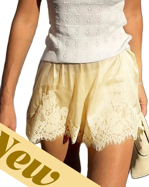 Women's Silky Satin Lounge Shorts with Lace Trim - Chic & Comfortable