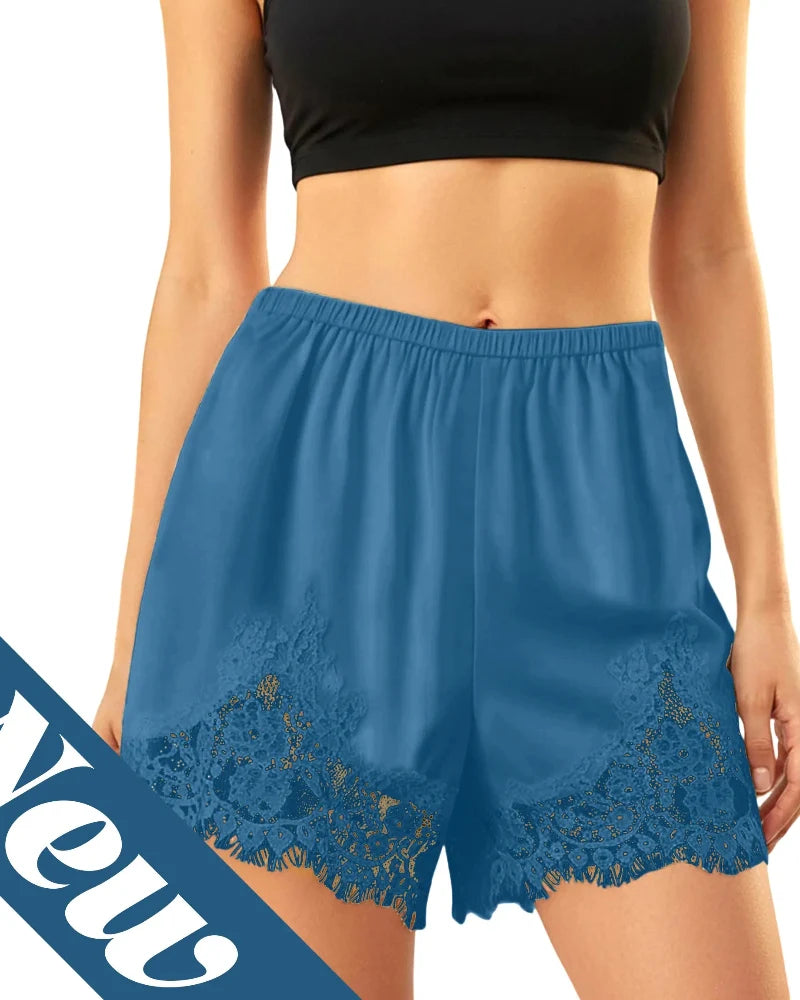 Women's Silky Satin Lounge Shorts with Lace Trim - Chic & Comfortable
