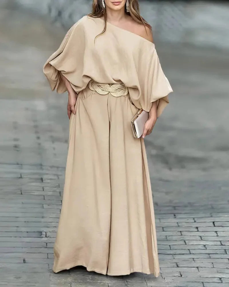 Asymmetric-Neck Lantern-Sleeve Top & Wide-Leg Pants Set Secondary image