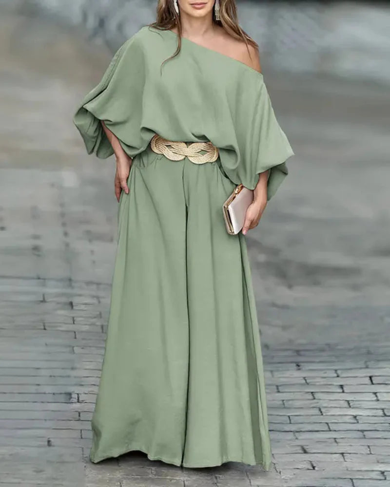 Asymmetric-Neck Lantern-Sleeve Top & Wide-Leg Pants Set