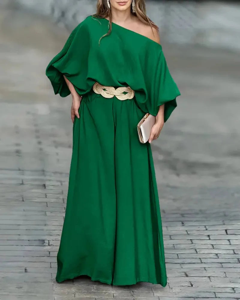 Asymmetric-Neck Lantern-Sleeve Top & Wide-Leg Pants Set
