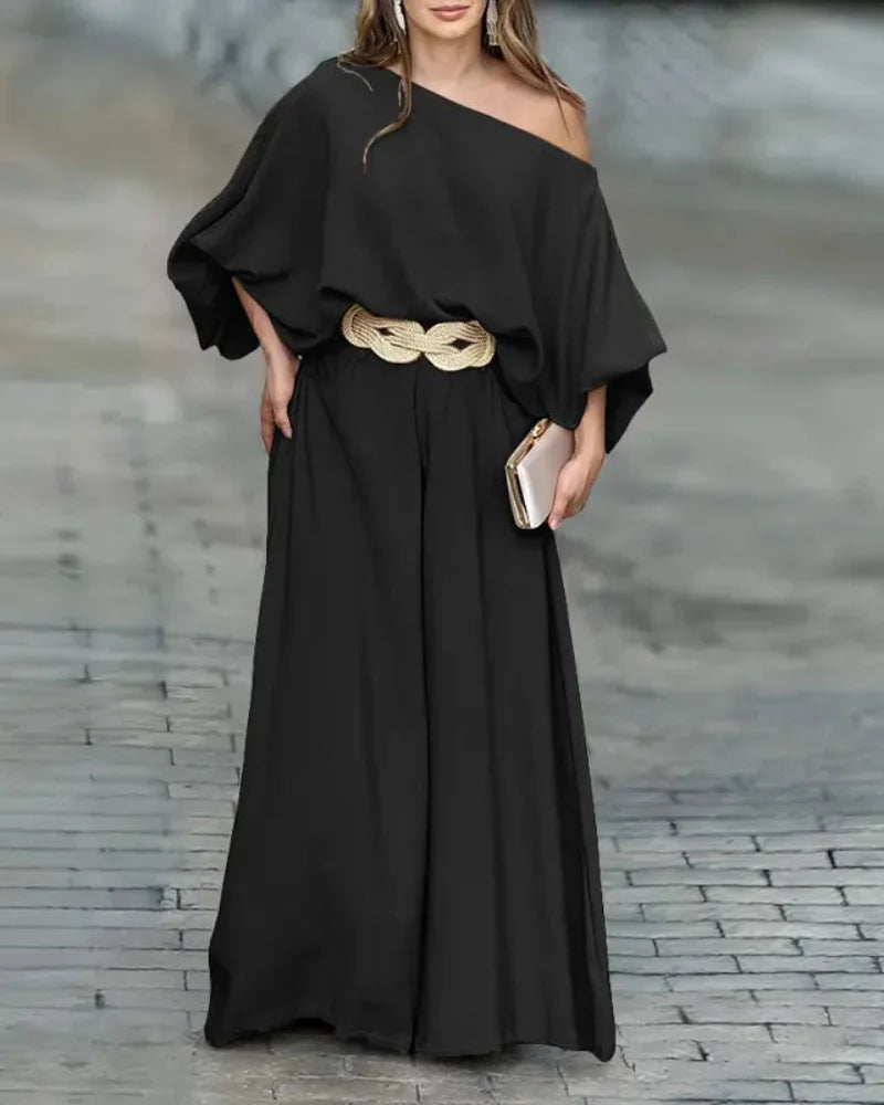Asymmetric-Neck Lantern-Sleeve Top & Wide-Leg Pants Set