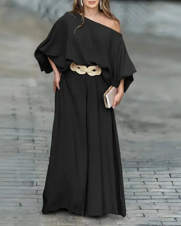 Asymmetric-Neck Lantern-Sleeve Top & Wide-Leg Pants Set