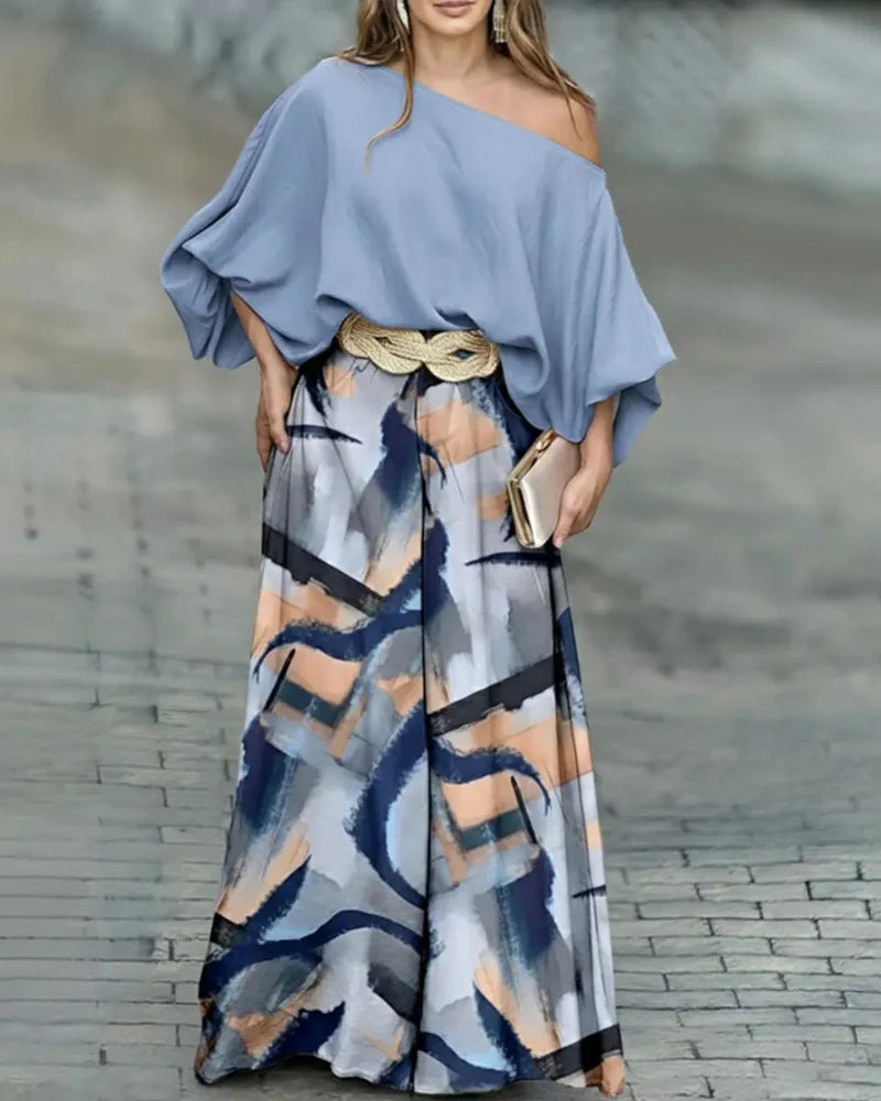 Asymmetric-Neck Lantern-Sleeve Top & Wide-Leg Pants Set