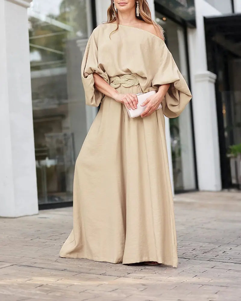 Asymmetric-Neck Lantern-Sleeve Top & Wide-Leg Pants Set