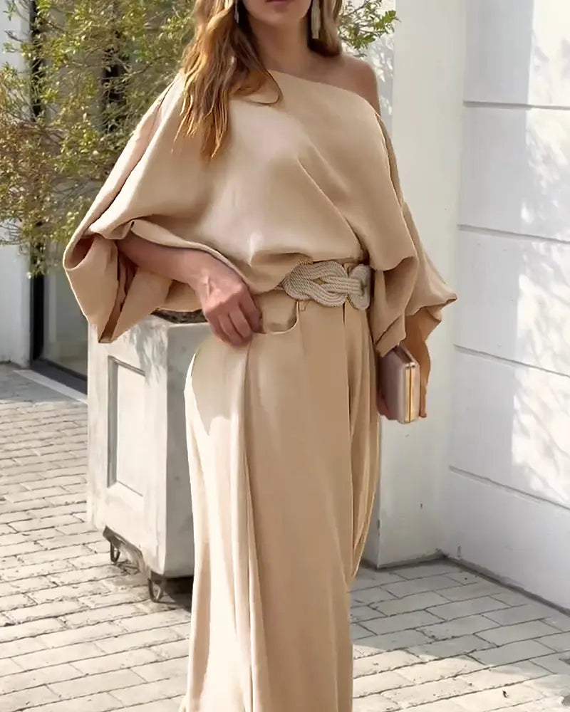 Asymmetric-Neck Lantern-Sleeve Top & Wide-Leg Pants Set