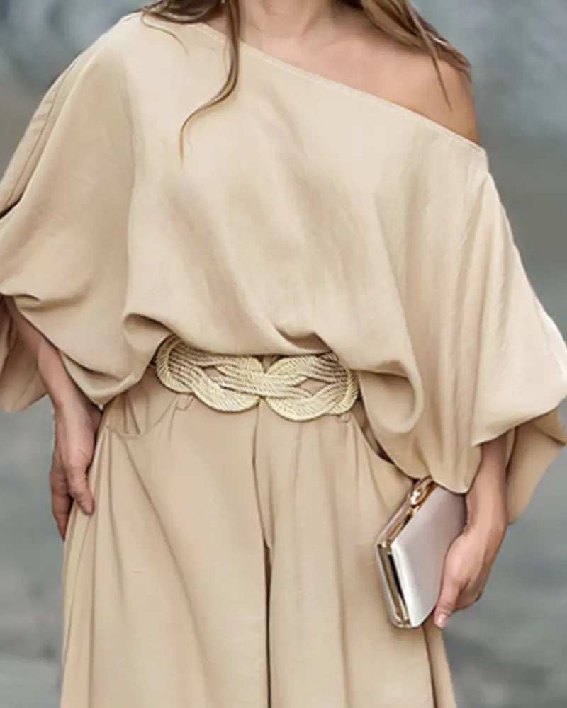 Asymmetric-Neck Lantern-Sleeve Top & Wide-Leg Pants Set