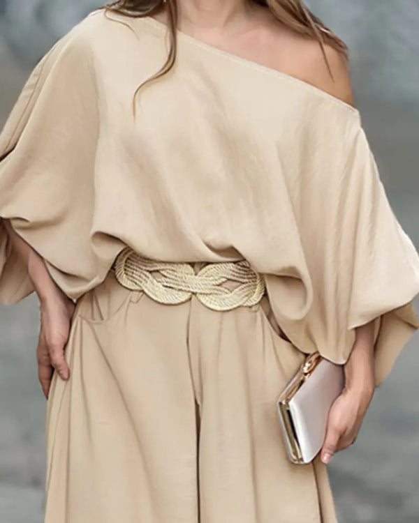 Asymmetric-Neck Lantern-Sleeve Top & Wide-Leg Pants Set