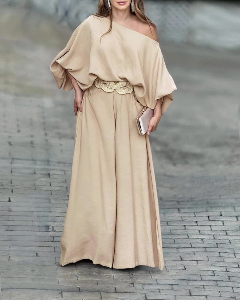 Asymmetric-Neck Lantern-Sleeve Top & Wide-Leg Pants Set