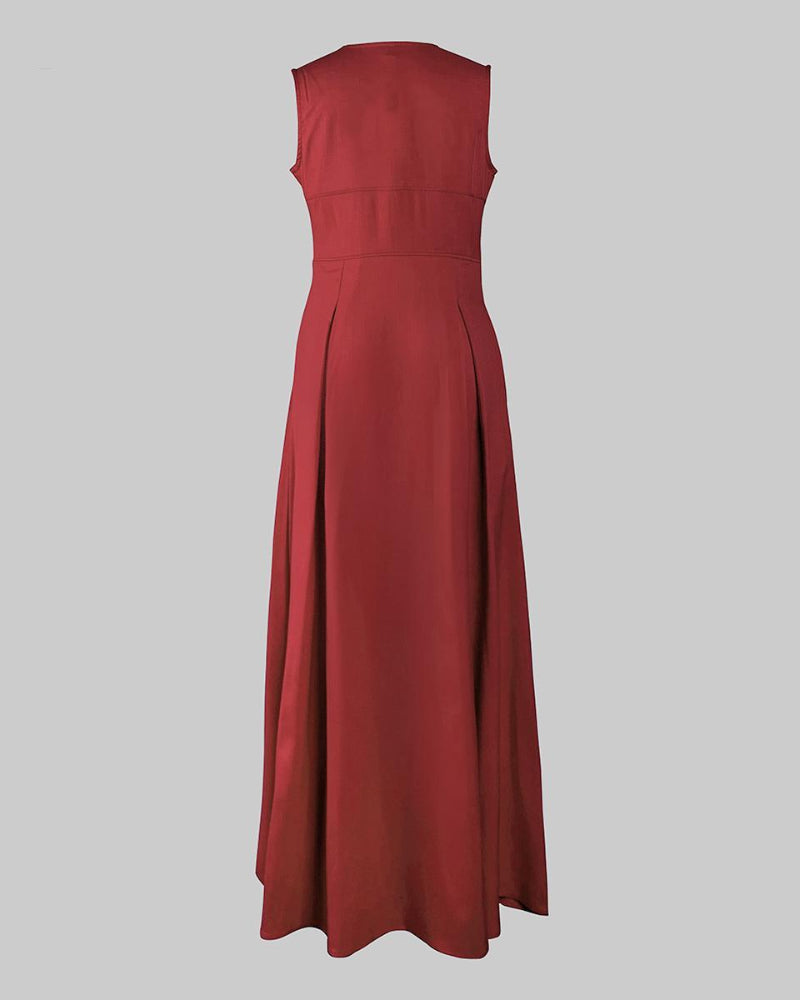 Women's Loose-Fit Maxi Dress with Pleats, Pockets, and a Slit — Effortless Summer Comfort