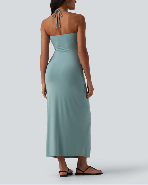 Chic Halter-Neck Maxi Dress with Adjustable Tie-Back and Convenient Side Pockets