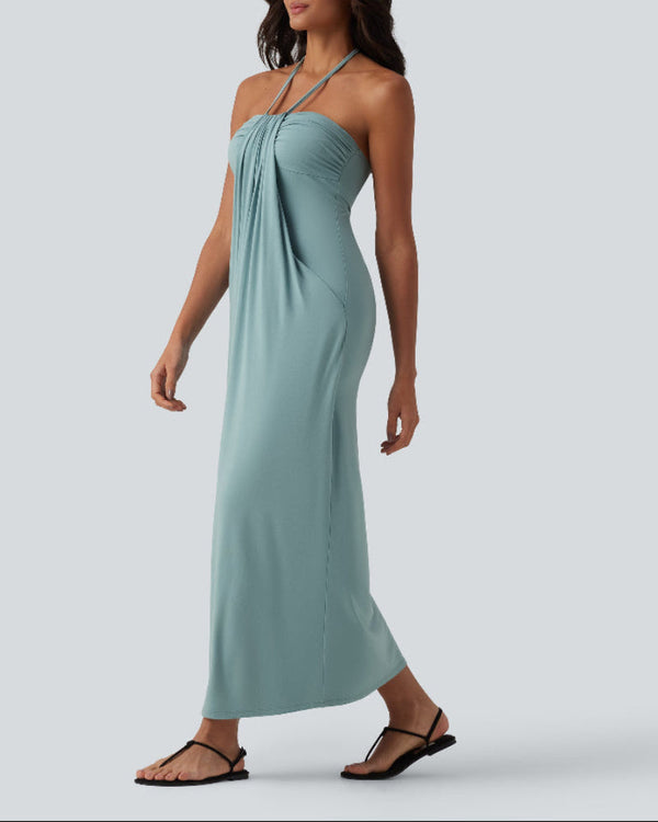 Chic Halter-Neck Maxi Dress with Adjustable Tie-Back and Convenient Side Pockets