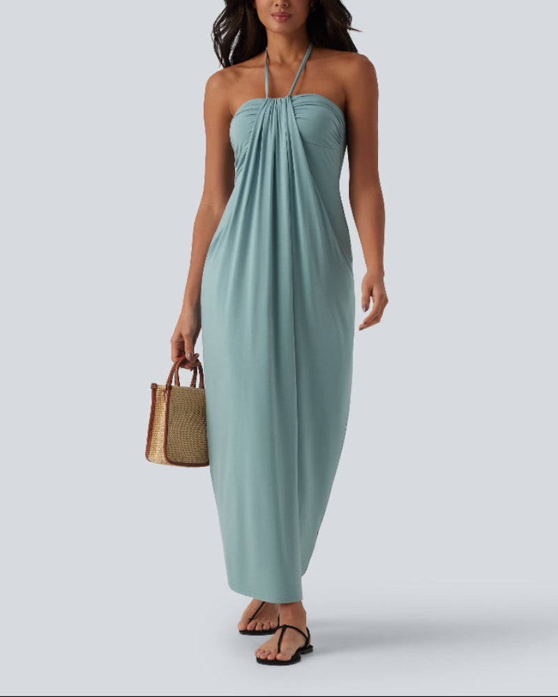 Chic Halter-Neck Maxi Dress with Adjustable Tie-Back and Convenient Side Pockets