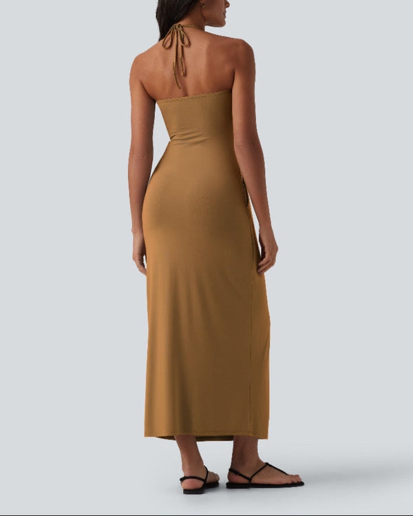 Chic Halter-Neck Maxi Dress with Adjustable Tie-Back and Convenient Side Pockets