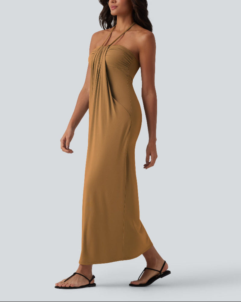 Chic Halter-Neck Maxi Dress with Adjustable Tie-Back and Convenient Side Pockets