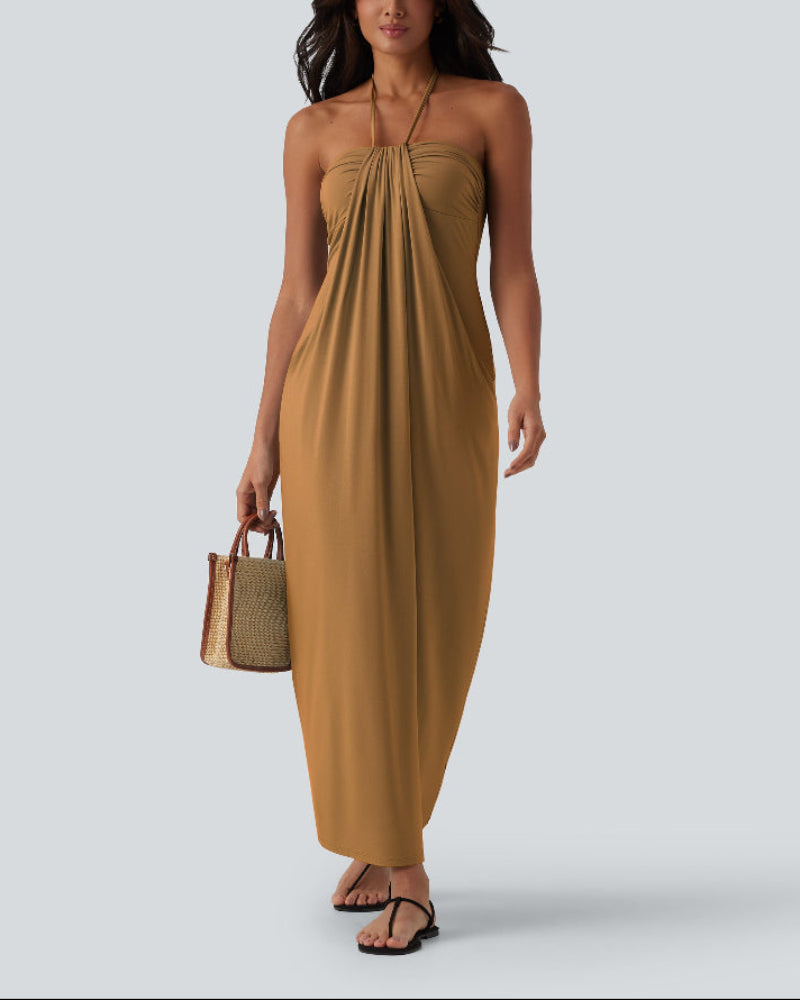 Chic Halter-Neck Maxi Dress with Adjustable Tie-Back and Convenient Side Pockets
