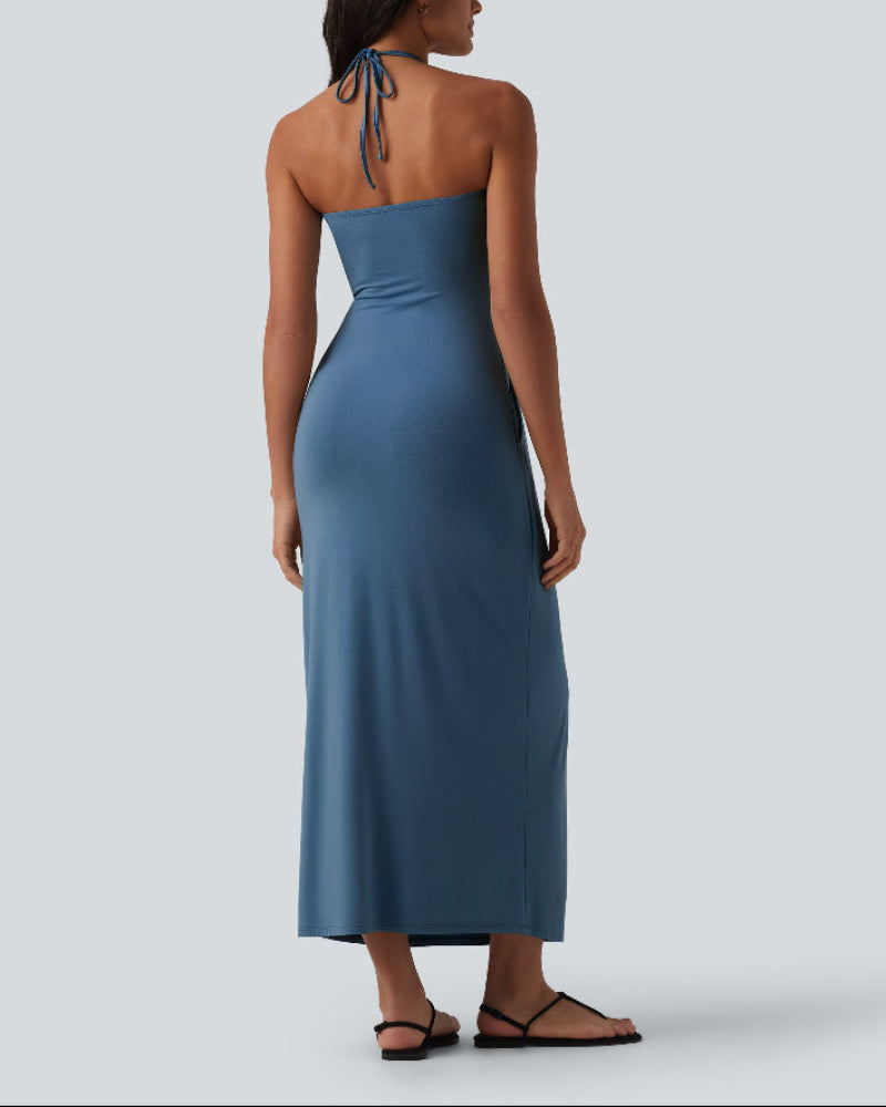 Chic Halter-Neck Maxi Dress with Adjustable Tie-Back and Convenient Side Pockets