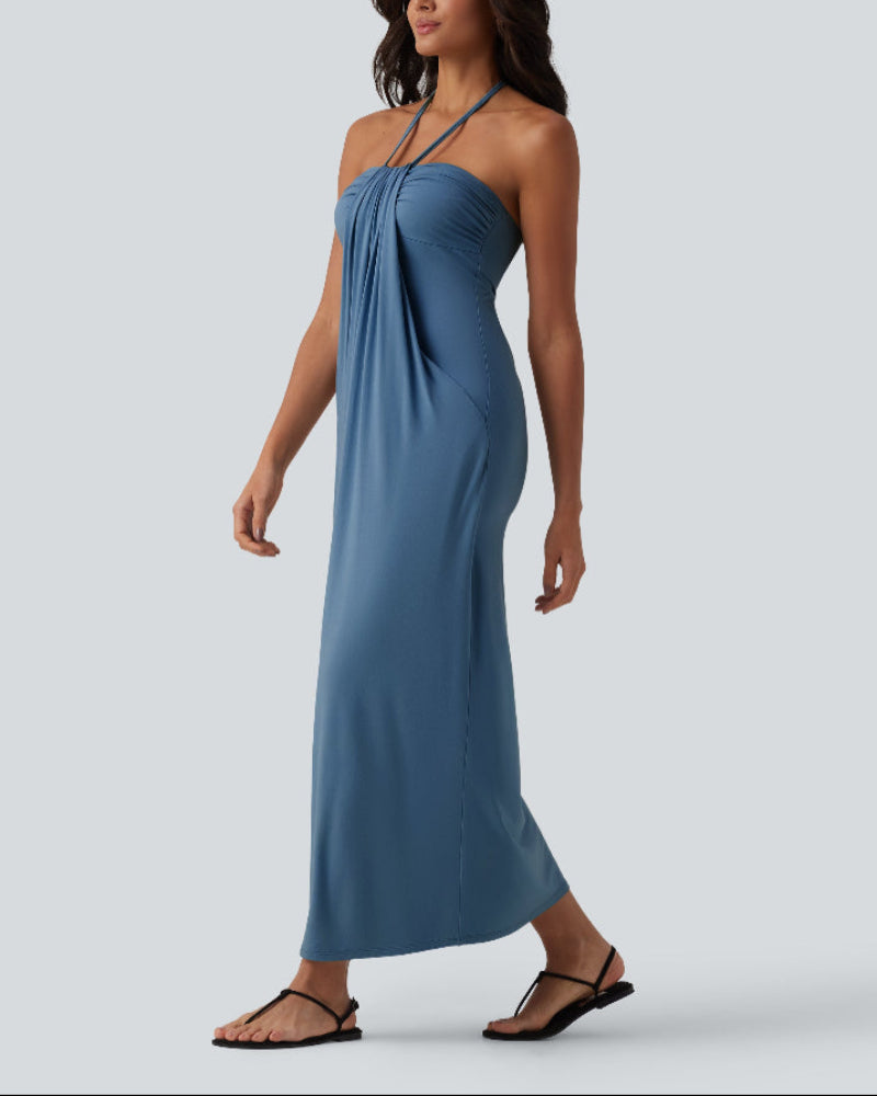 Chic Halter-Neck Maxi Dress with Adjustable Tie-Back and Convenient Side Pockets