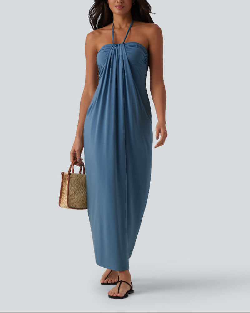 Chic Halter-Neck Maxi Dress with Adjustable Tie-Back and Convenient Side Pockets