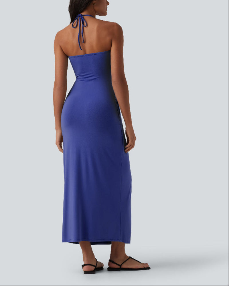 Chic Halter-Neck Maxi Dress with Adjustable Tie-Back and Convenient Side Pockets