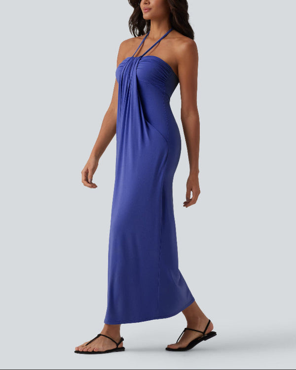 Chic Halter-Neck Maxi Dress with Adjustable Tie-Back and Convenient Side Pockets