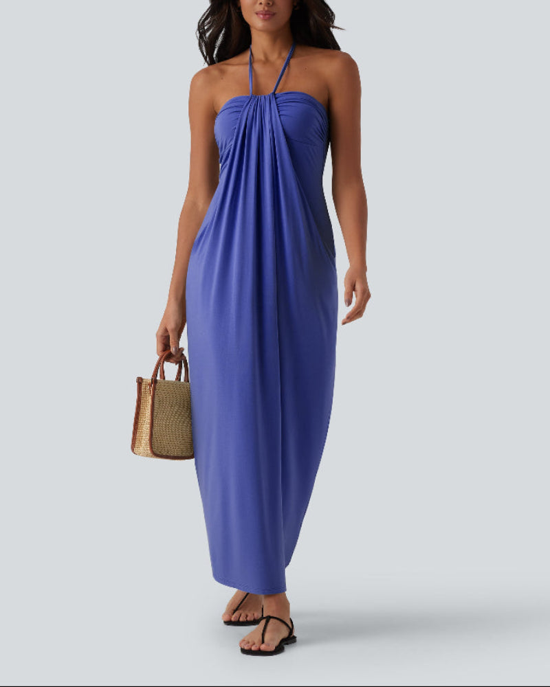 Chic Halter-Neck Maxi Dress with Adjustable Tie-Back and Convenient Side Pockets