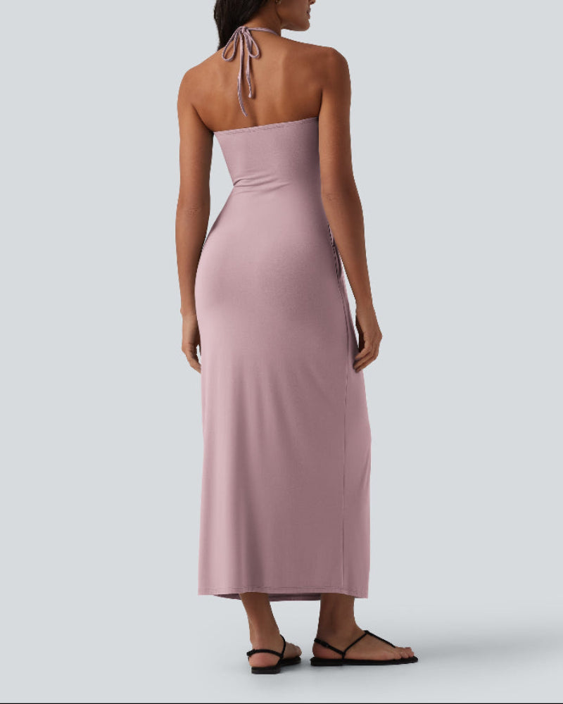 Chic Halter-Neck Maxi Dress with Adjustable Tie-Back and Convenient Side Pockets