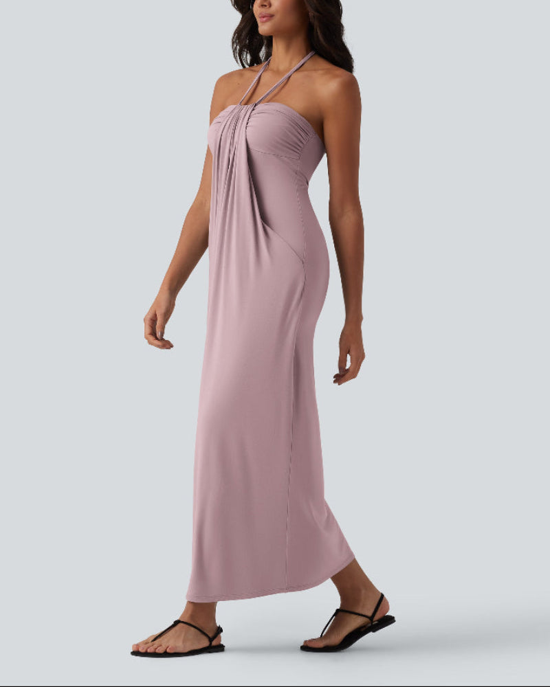 Chic Halter-Neck Maxi Dress with Adjustable Tie-Back and Convenient Side Pockets