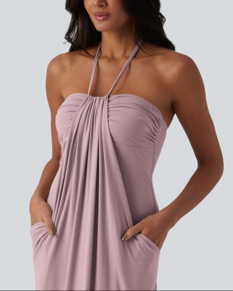 Chic Halter-Neck Maxi Dress with Adjustable Tie-Back and Convenient Side Pockets