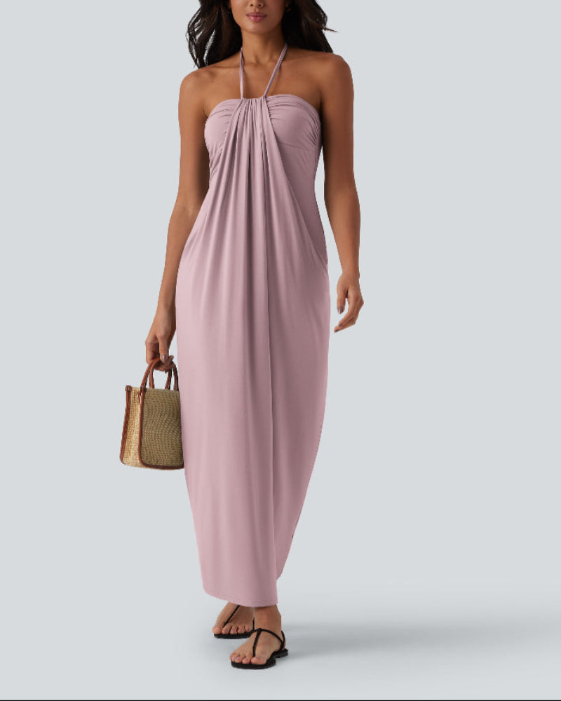 Chic Halter-Neck Maxi Dress with Adjustable Tie-Back and Convenient Side Pockets