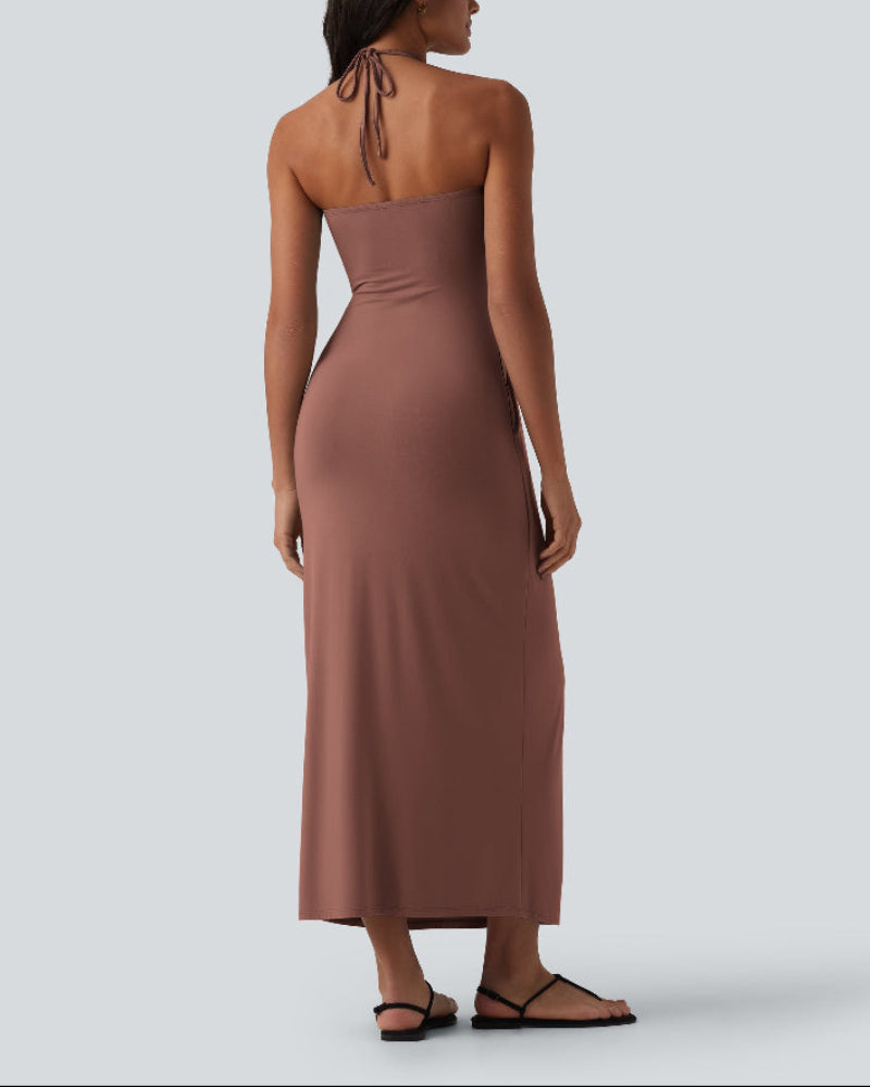 Chic Halter-Neck Maxi Dress with Adjustable Tie-Back and Convenient Side Pockets