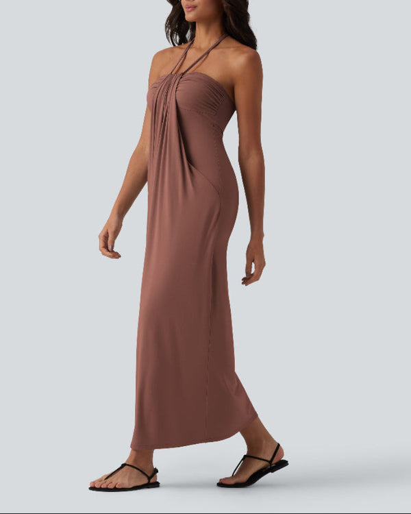 Chic Halter-Neck Maxi Dress with Adjustable Tie-Back and Convenient Side Pockets