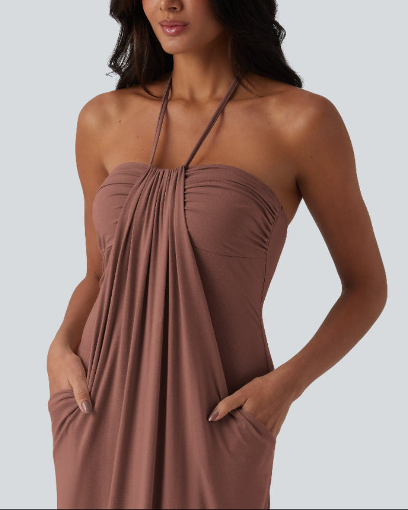 Chic Halter-Neck Maxi Dress with Adjustable Tie-Back and Convenient Side Pockets
