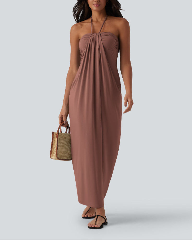 Chic Halter-Neck Maxi Dress with Adjustable Tie-Back and Convenient Side Pockets
