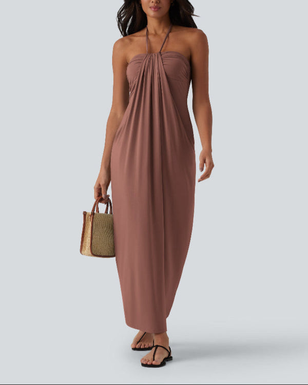 Chic Halter-Neck Maxi Dress with Adjustable Tie-Back and Convenient Side Pockets