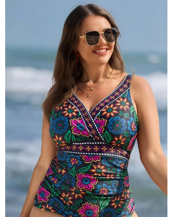 Two-Piece Floral Print Ruched Mesh Swimsuit, Sarong