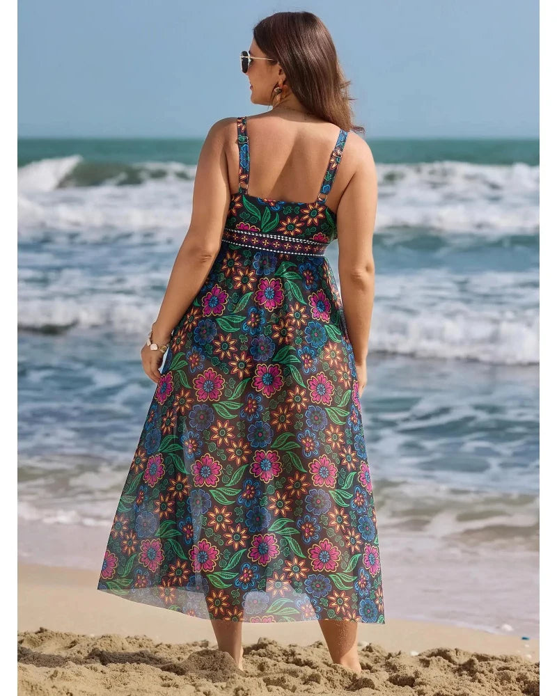 Two-Piece Floral Print Ruched Mesh Swimsuit, Sarong