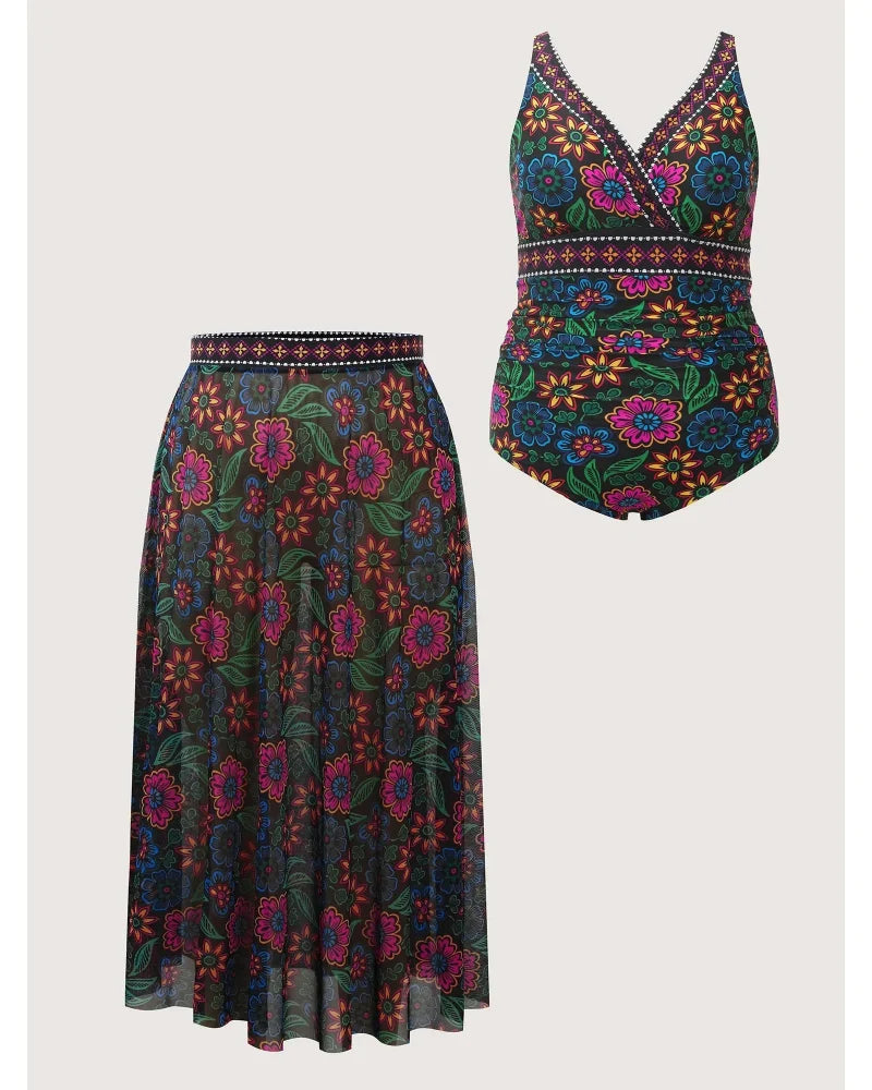 Two-Piece Floral Print Ruched Mesh Swimsuit, Sarong