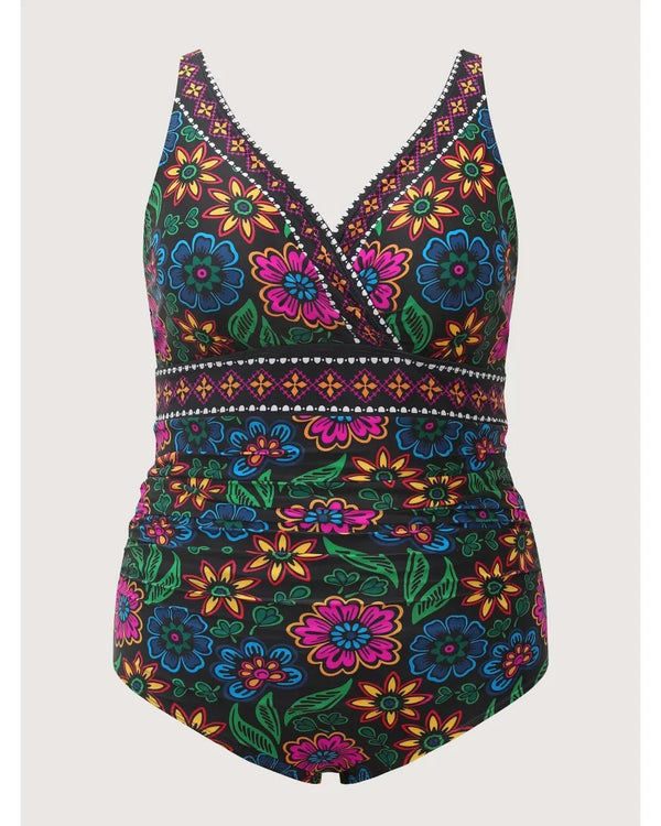 Two-Piece Floral Print Ruched Mesh Swimsuit, Sarong