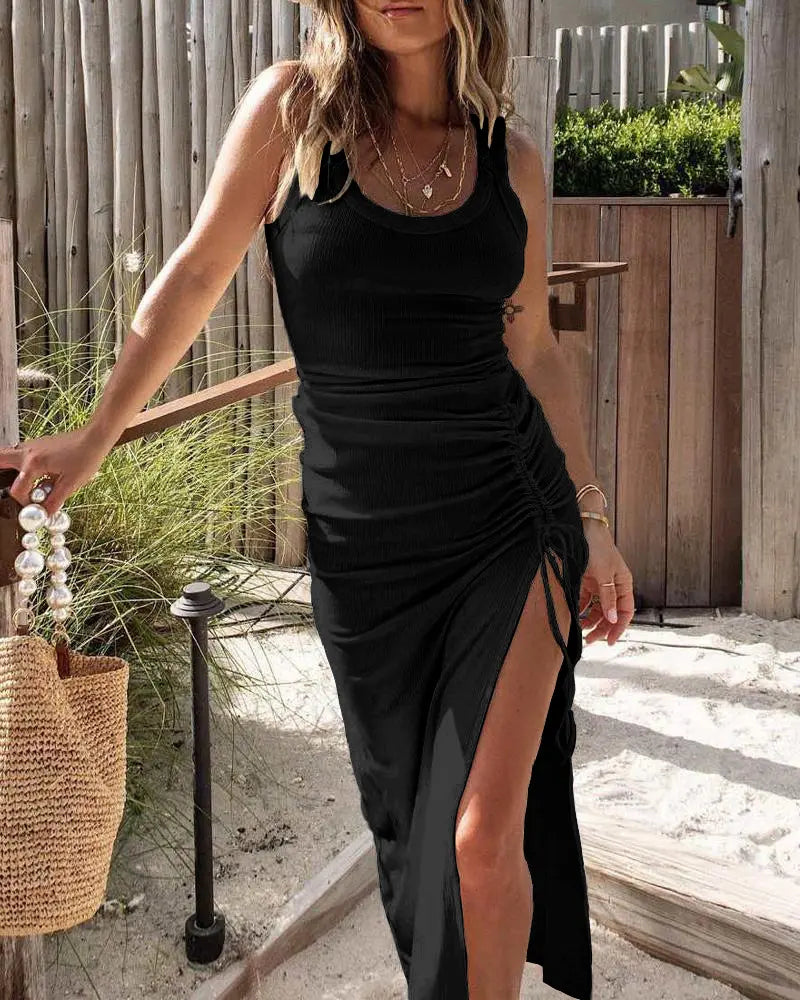 Women's Ruched Ribbed Bodycon Midi Dress – Perfect for Vacation, Beach & Night Out