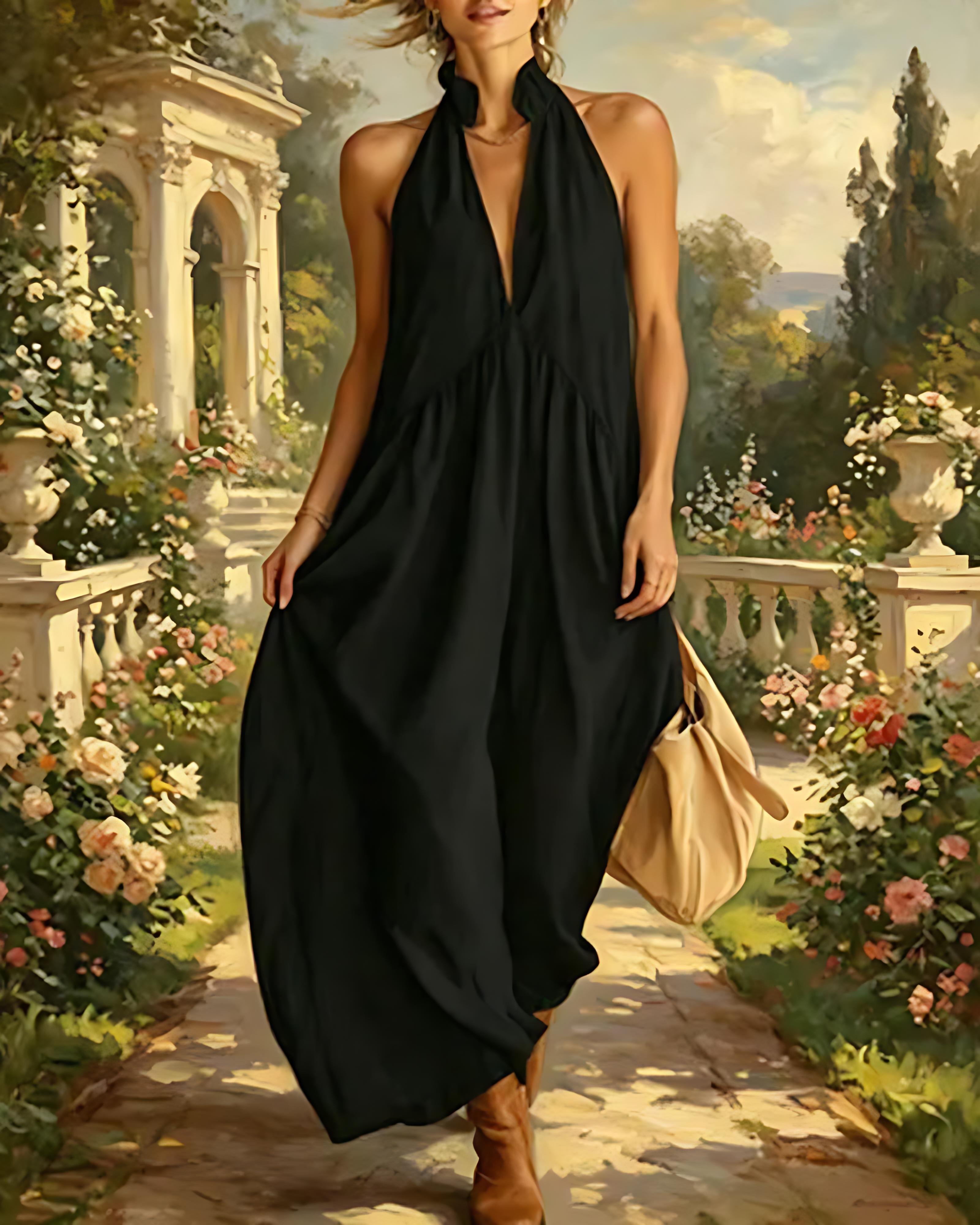 Halter Maxi Dress — Relaxed Casual Fit with Handy Pockets