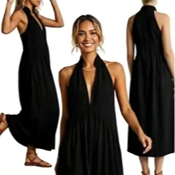 Halter Maxi Dress — Relaxed Casual Fit with Handy Pockets