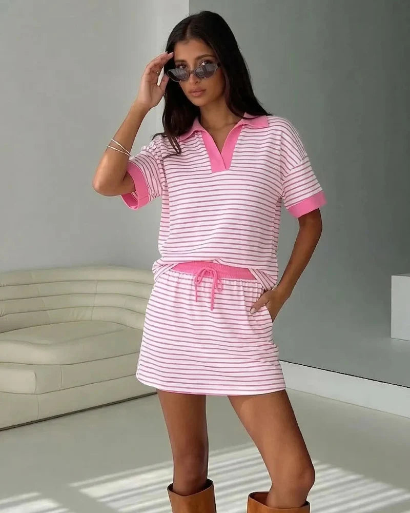 2-Piece V-Neck Polo Skort Set with Built-In Shorts