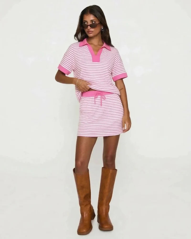 2-Piece V-Neck Polo Skort Set with Built-In Shorts