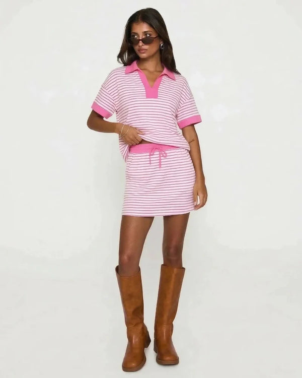 2-Piece V-Neck Polo Skort Set with Built-In Shorts