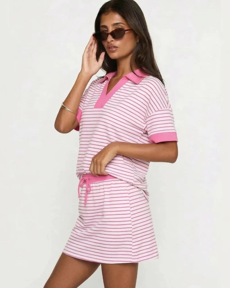 2-Piece V-Neck Polo Skort Set with Built-In Shorts